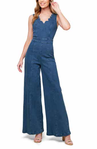 FLYING TOMATO Scallop Wide Leg Denim Jumpsuit