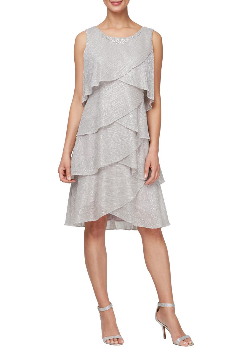 SL FASHIONS Metallic Tiered Sleeveless Dress with Jacket, Alternate, color, Pearl