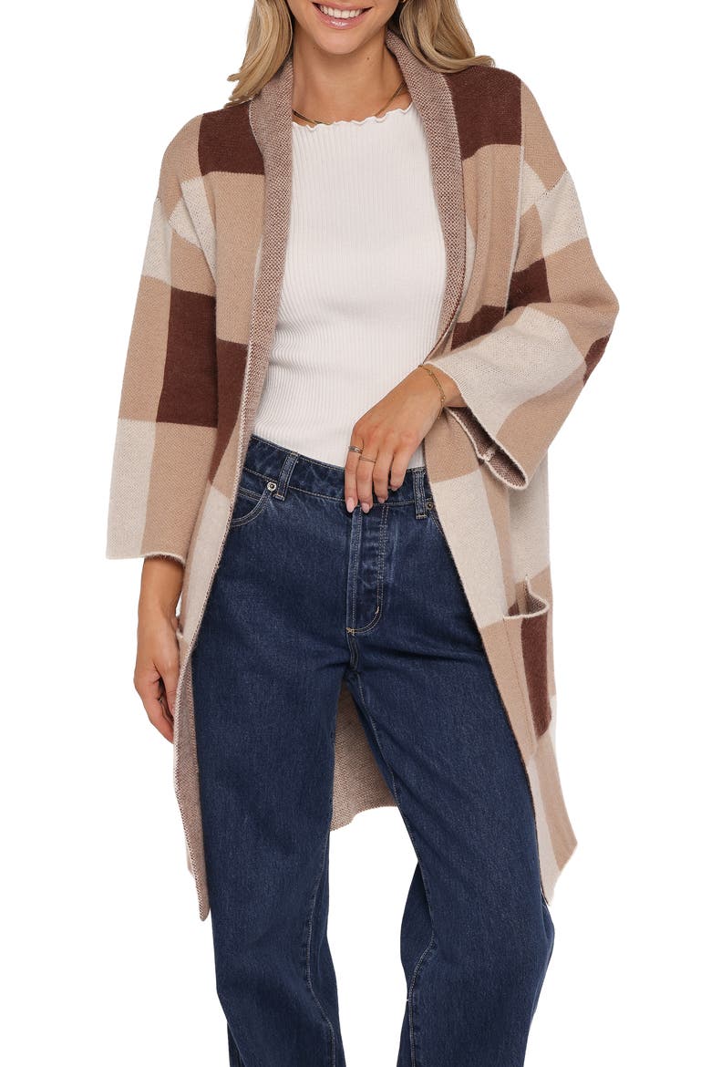 Ecoya Check Longline Cardigan, Main, color, BROWN PLAID