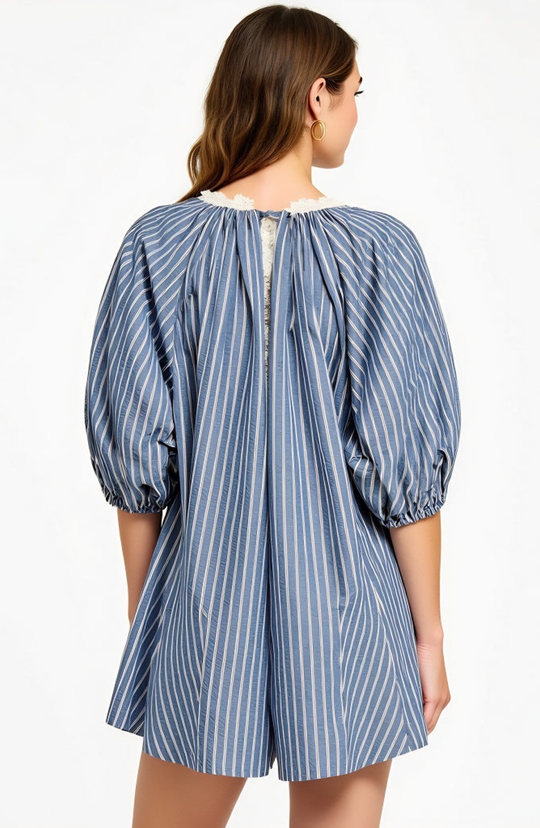 Modenaire Striped V-Neck Romper with 3/4 Sleeves and Front Tie Detail, Alternate, color, Blue Striped