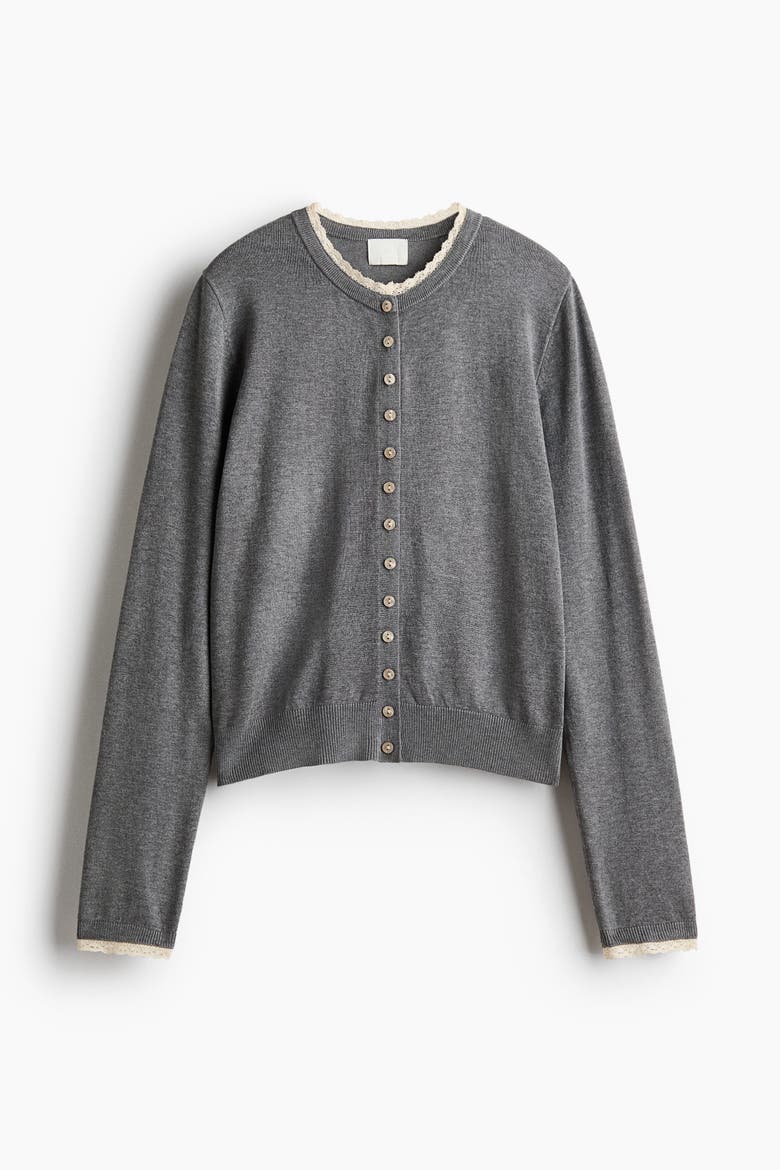 Lace-trimmed Cardigan, Alternate, color, Gray melange/cream