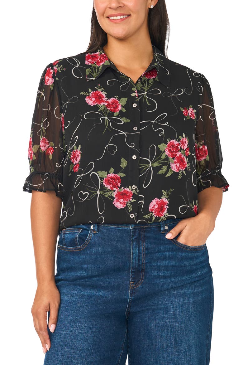 Balloon Sleeve Smocked Cuff Button Front Shirt, Alternate, color, RICH BLACK