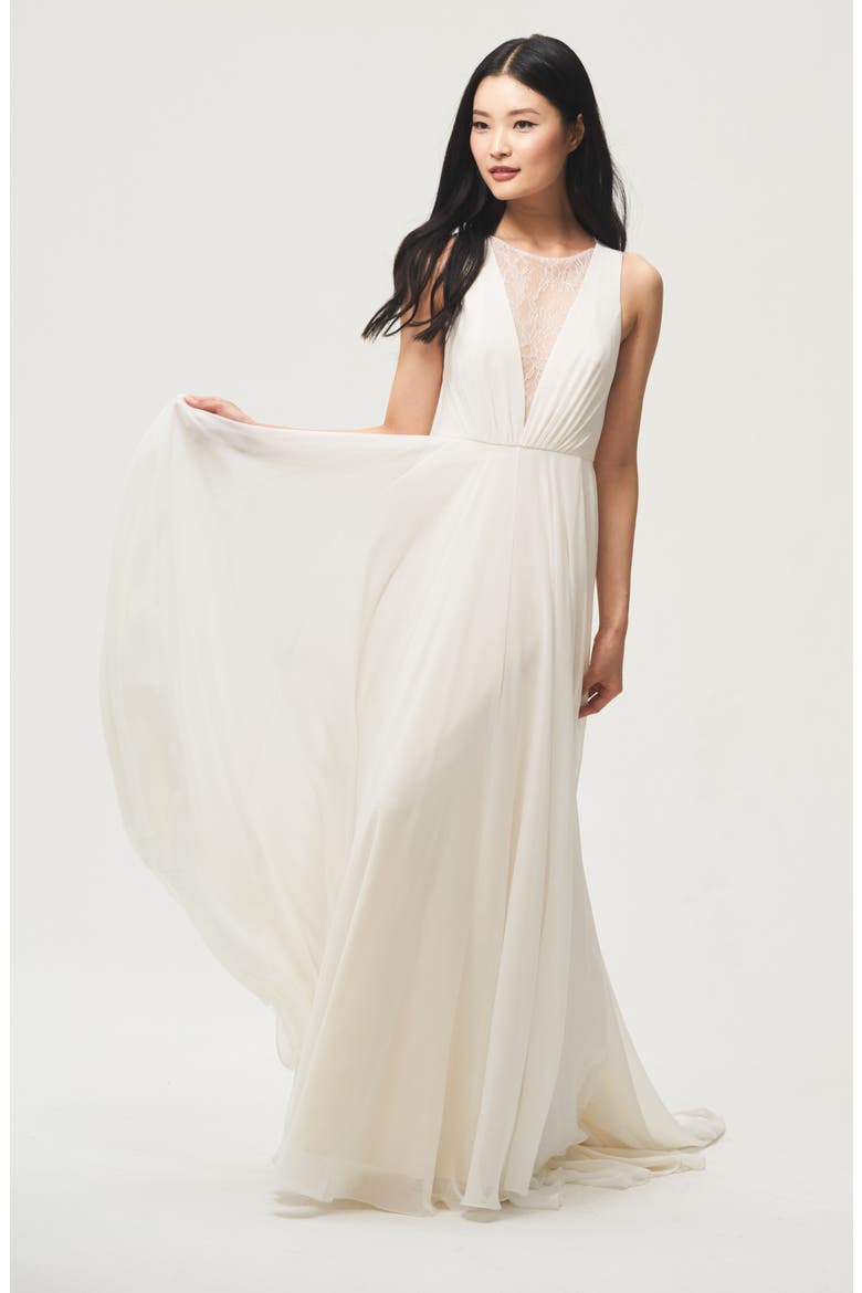 Fallon Lace & Chiffon A-Line Gown, Alternate, color, IVORY