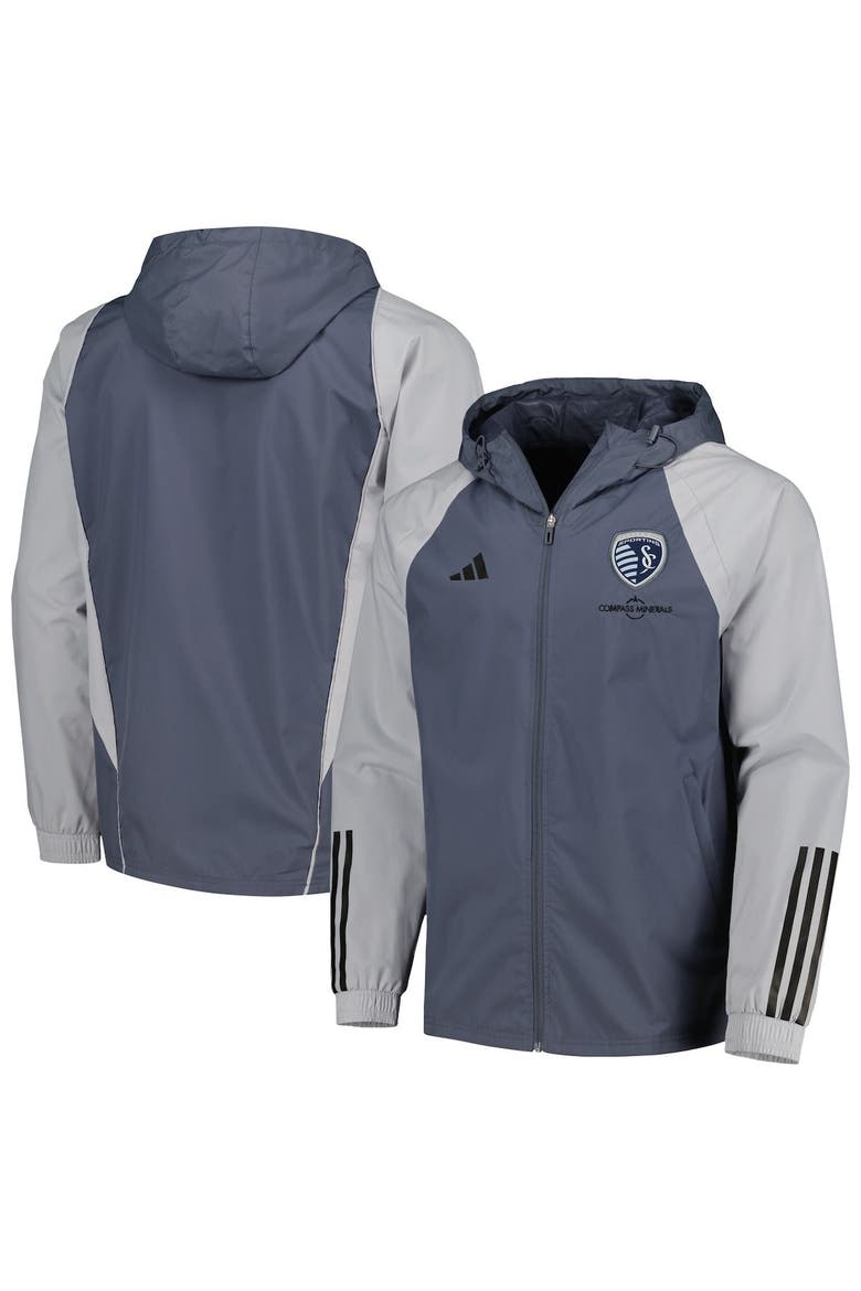 Men's adidas Charcoal Sporting Kansas City All-Weather Raglan Hoodie Full-Zip Jacket, Main, color, Charcoal