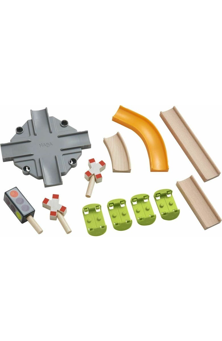 HABA Kullerbu Expansion Set - Intersection - 12 Piece Add-on Includes Railway Crossing, Traffic Signals and Allows Track to Expand in 4 Directions, Alternate, color, Multi