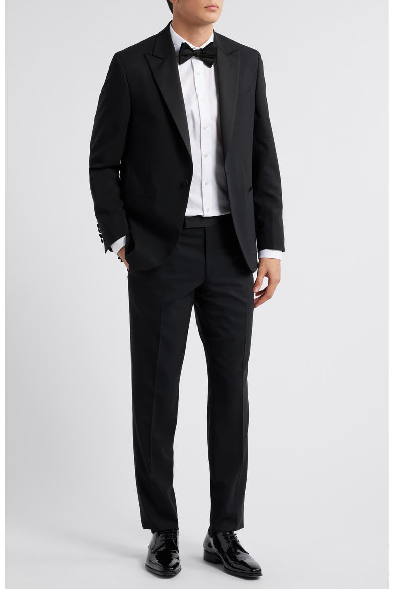 Elwood Contemporary Fit Black Wool Peak Lapel Tuxedo, Main, color, BLACK
