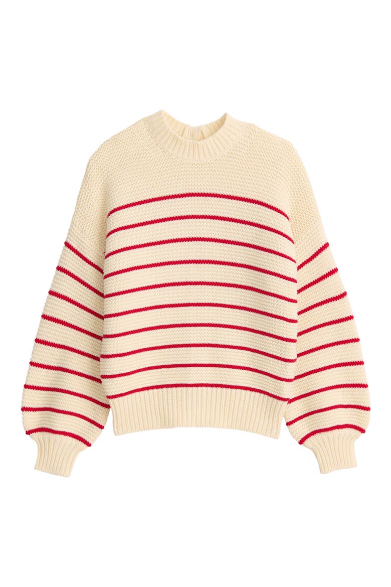 Women's Stripe Button Back Cotton Crewneck Sweater, Alternate, color, IVORY/ RED
