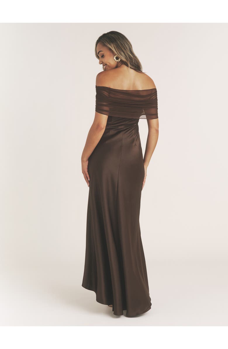 Six Stories Bardot Detail Satin Midaxi Dress, Alternate, color, Mocha