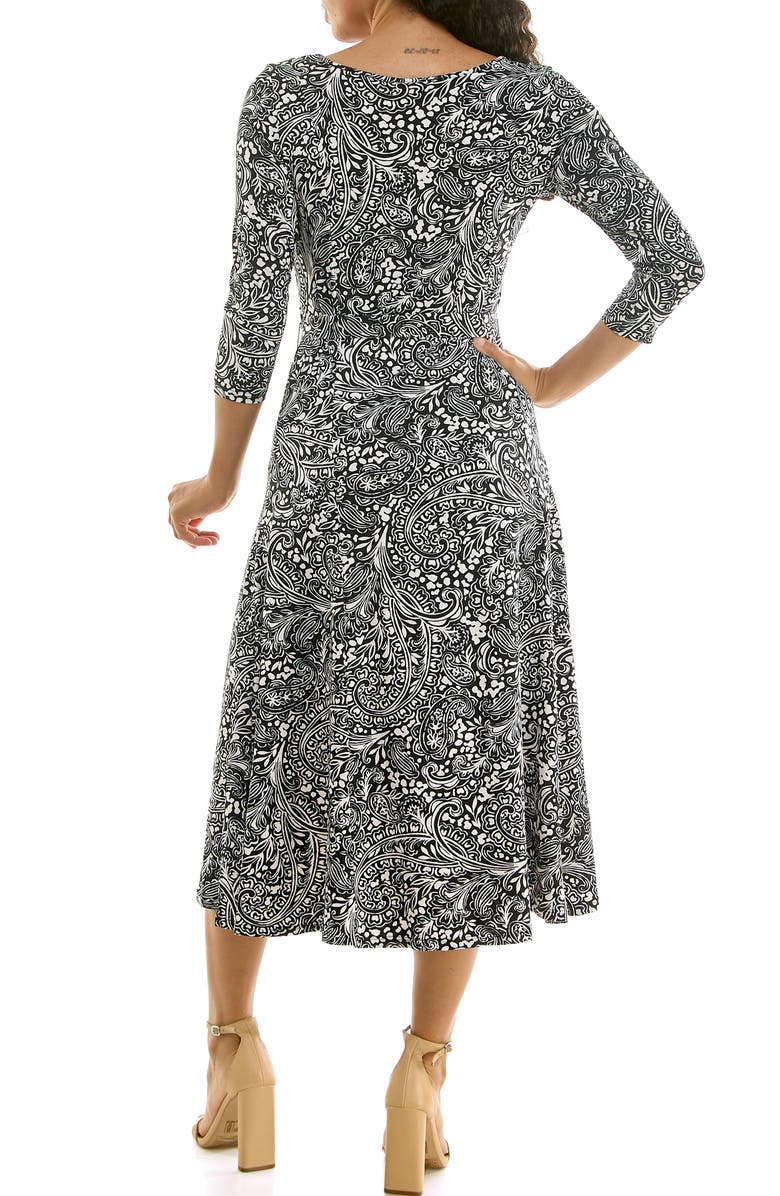 Nina Leonard Crewneck Three-Quarter Sleeve Midi Dress, Alternate, color, Black White