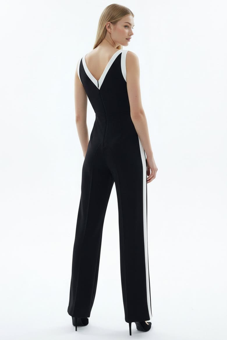 V-Neck Sleeveless Regular Fit Jumpsuit With White Stripes, Alternate, color, BLACK