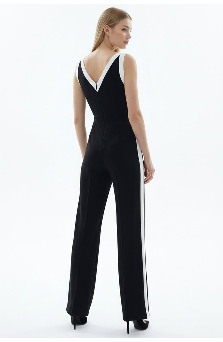 Exquise V-Neck Sleeveless Regular Fit Jumpsuit With White Stripes, Alternate, color, Black