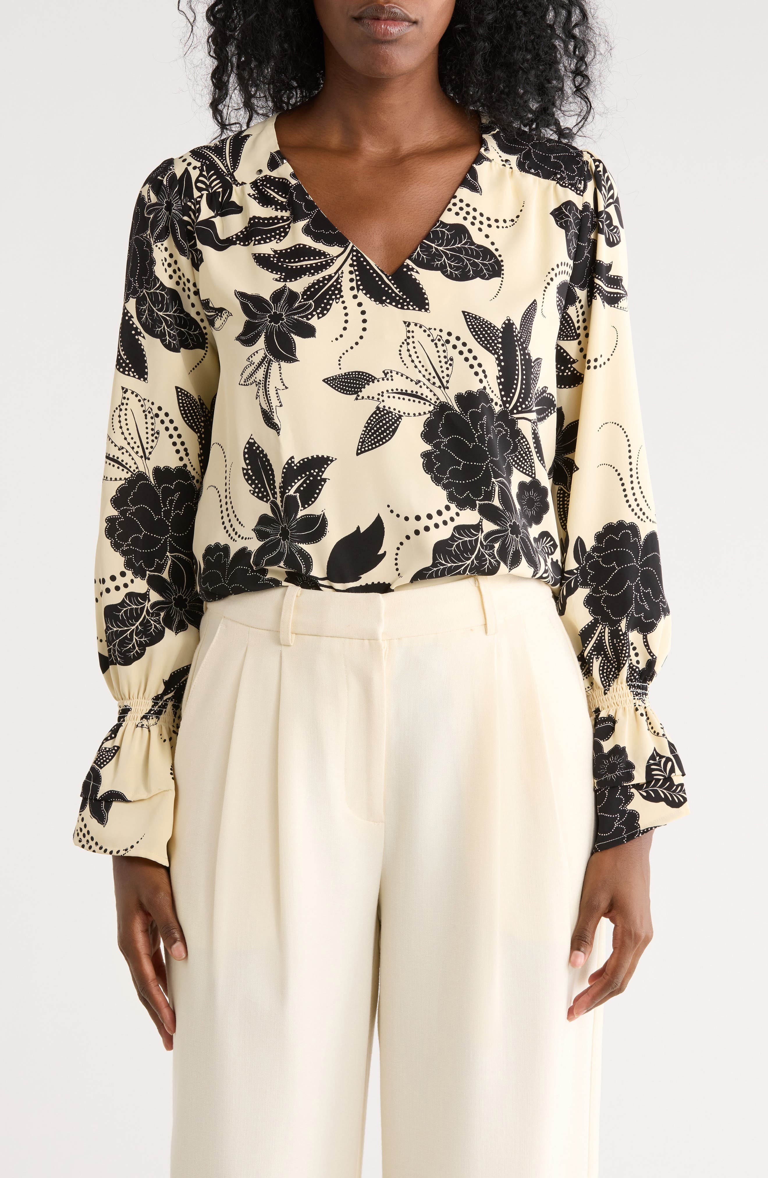 Nicole Miller Floral V-Neck Long Sleeve Top