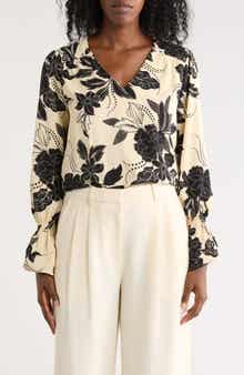 Nicole Miller Floral V-Neck Long Sleeve Top