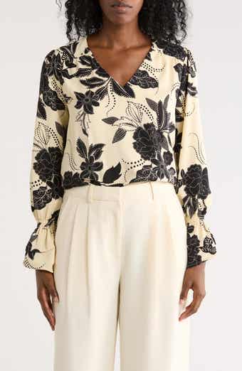 Nicole Miller Floral V-Neck Long Sleeve Top