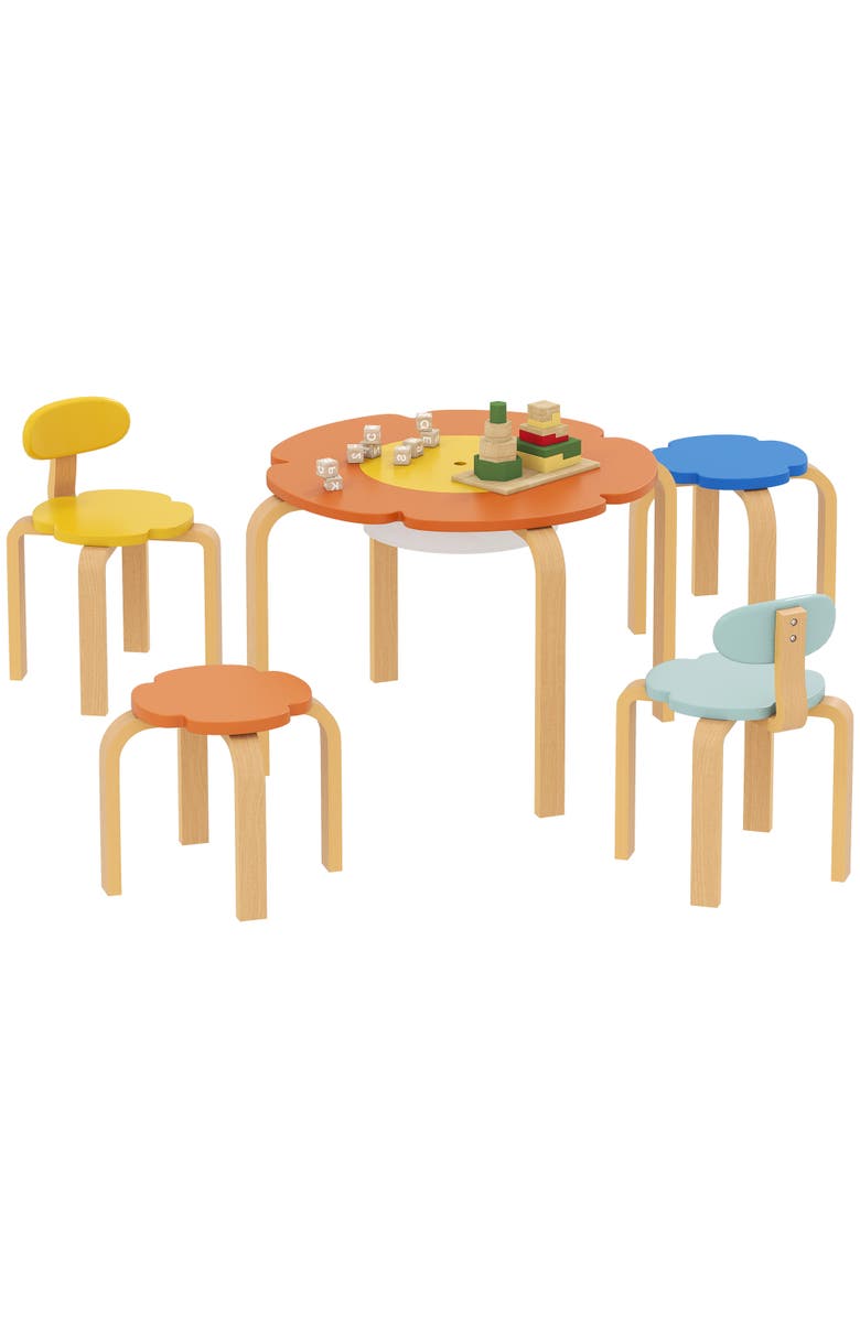 Qaba Piece Kids Table and Chairs Set Flower Shaped Toddler Table and Chair Set with Built in Storage for Drawing Reading Art Craft Activity, Main, color, Multi-Coloured