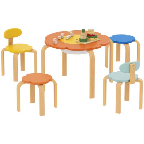 Piece Kids Table and Chairs Set Flower Shaped Toddler Table and Chair Set with Built in Storage for Drawing Reading Art Craft Activity