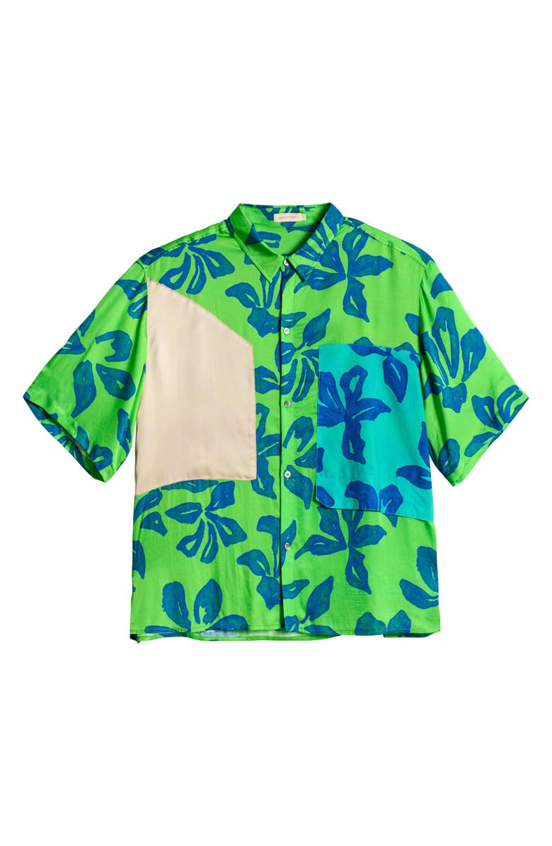 Lost Pattern NYC "Tropical Bliss" Patchwork Oversized Hawaii Shirt, Alternate, color, Green