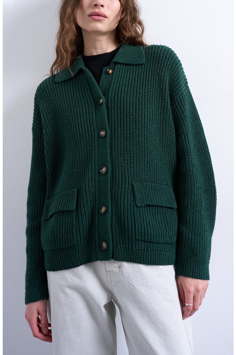 Collared Cotton Blend Sweater Jacket, Main, color, MEDIUM GREEN
