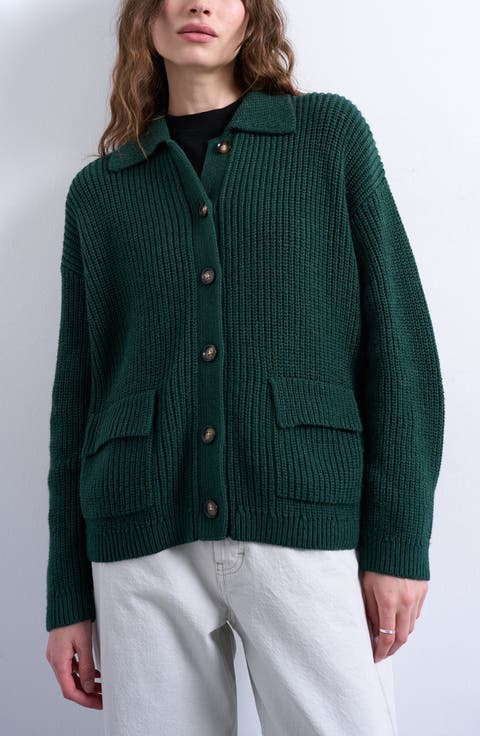 Collared Cotton Blend Sweater Jacket