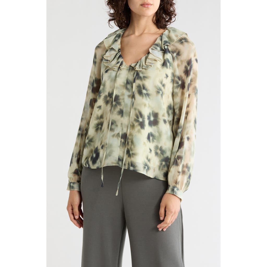T Tahari Ruffle Tie Neck Top in Multi Green Floral at Nordstrom Rack, Size Medium