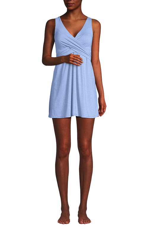 Lands' End Slendersuit V-neck Wrap Swim Dress One Piece Swimsuit Adjustable Straps In Soft Cloud Blue Shine