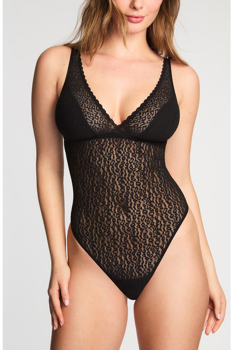 High Bar Lace Thong Bodysuit, Main, color, BLACK