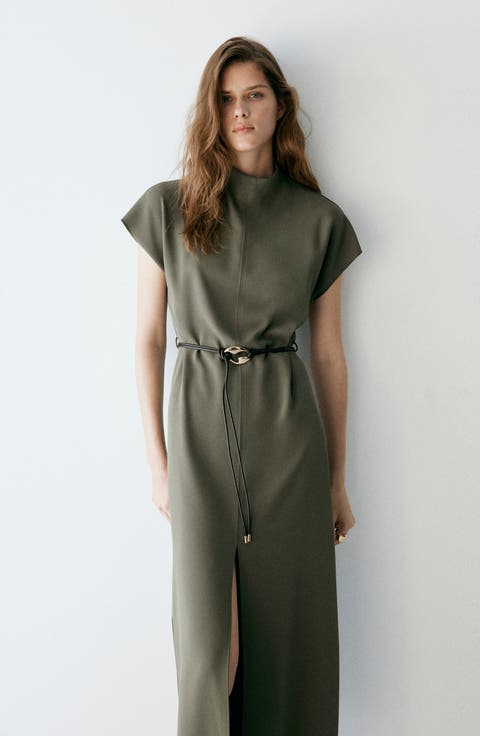 Belted High Neck Midi A-Line Dress