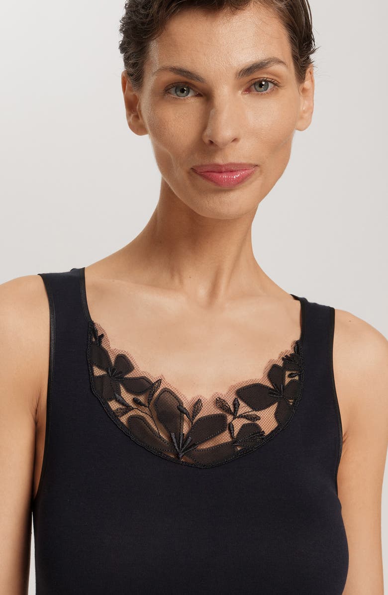 Hanro Kalea Embroidered Trim Cotton Tank Top, Alternate, color, Black