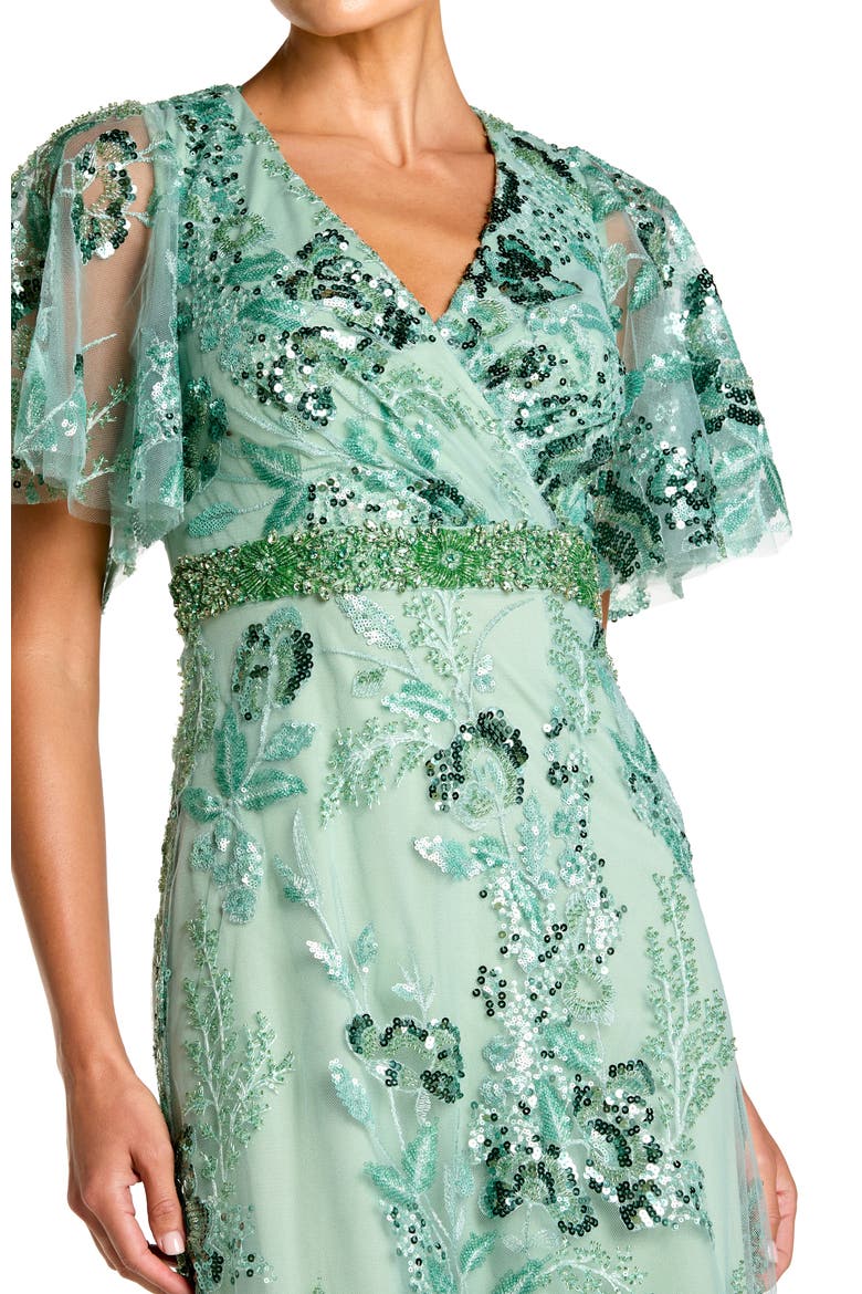 Floral Embellished Short Sleeve Faux Wrap Gown, Alternate, color, Sage