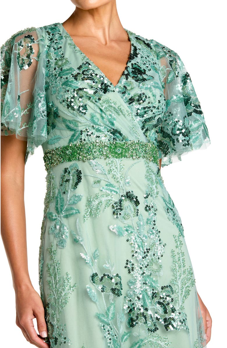 Mac Duggal Floral Embellished Short Sleeve Faux Wrap Gown, Alternate, color, Sage