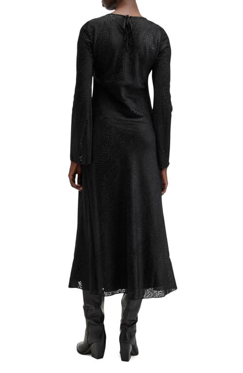 Allsaints Jada Animal Print Long Sleeve Silk Midi Dress In Black