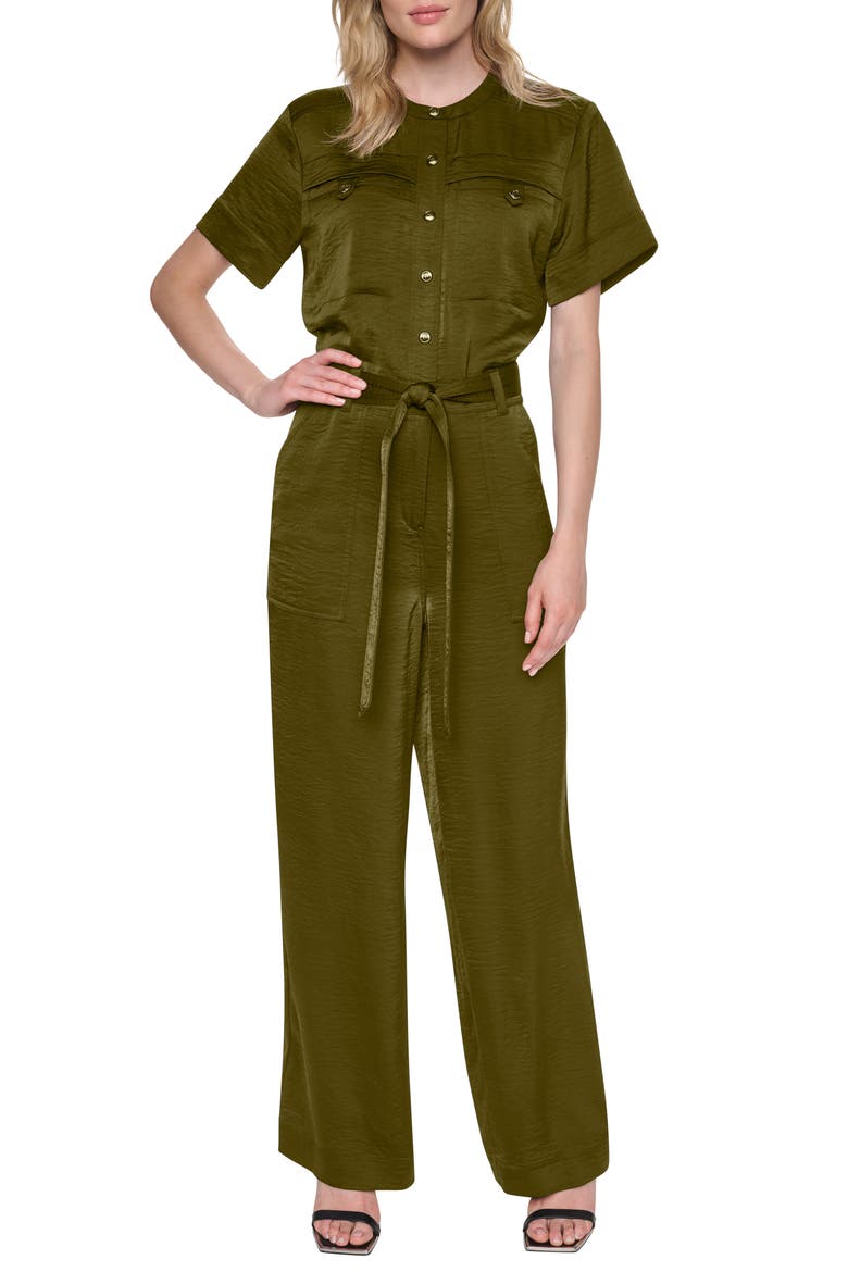 Tie Waist Satin Utility Jumpsuit, Alternate, color, DARK OLIVE