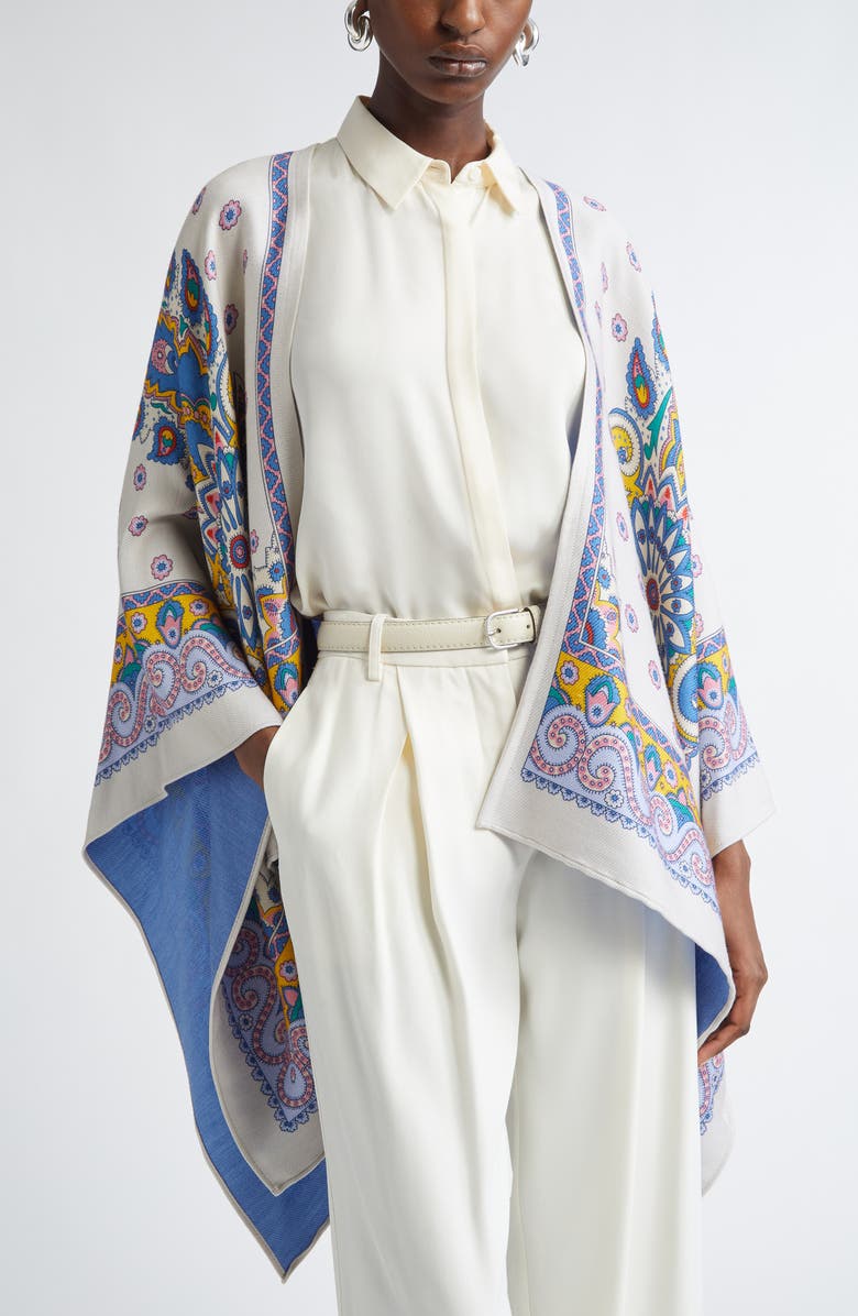 Etro Paisley & Daisy Print Wool Blend Cape, Main, color, 
