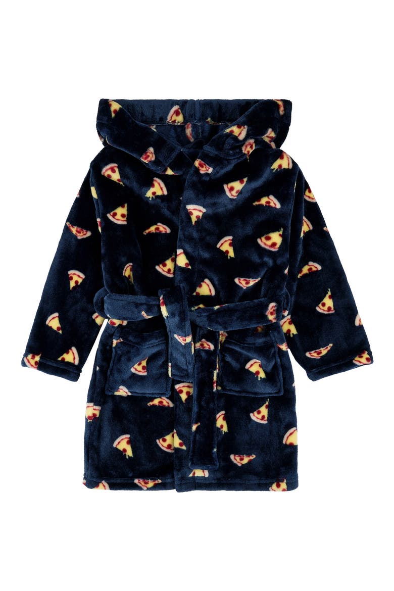 Kids' Pizza Print Hooded Fleece Robe, Main, color, NAVY