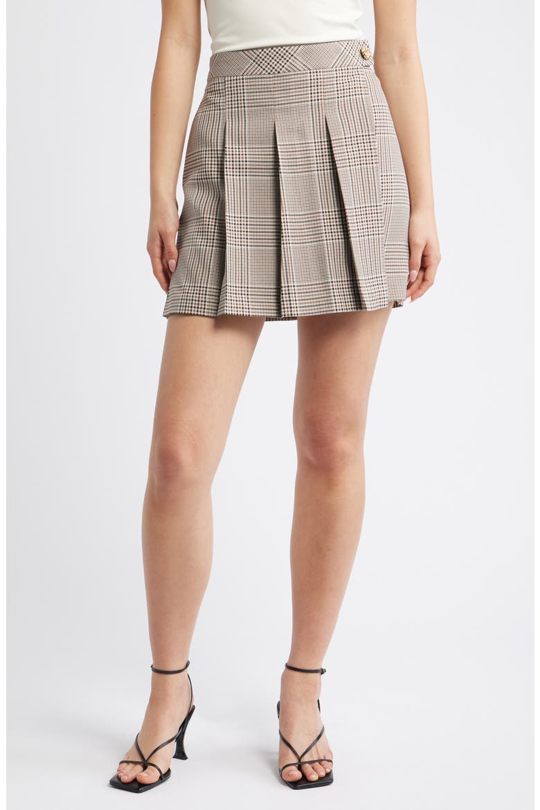 Pleated Check Miniskirt, Main, color, BROWN