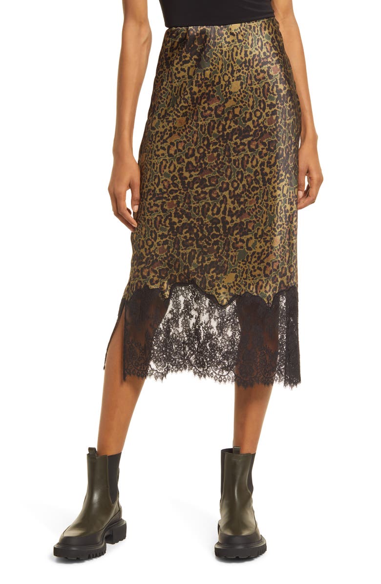 AllSaints Bridgette Lace Trim Tencel<sup>®</sup> Lyocell & Silk Midi Skirt, Main, color,