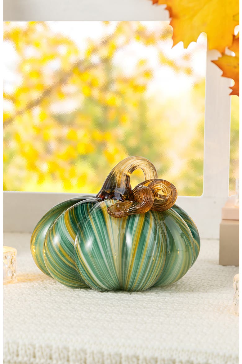 Fall Multi Striped Glass Short Pumpkins, Alternate, color, Green