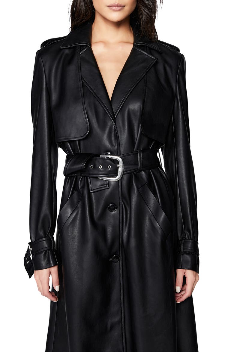 Faux Leather Trench Coat, Alternate, color, BLACK