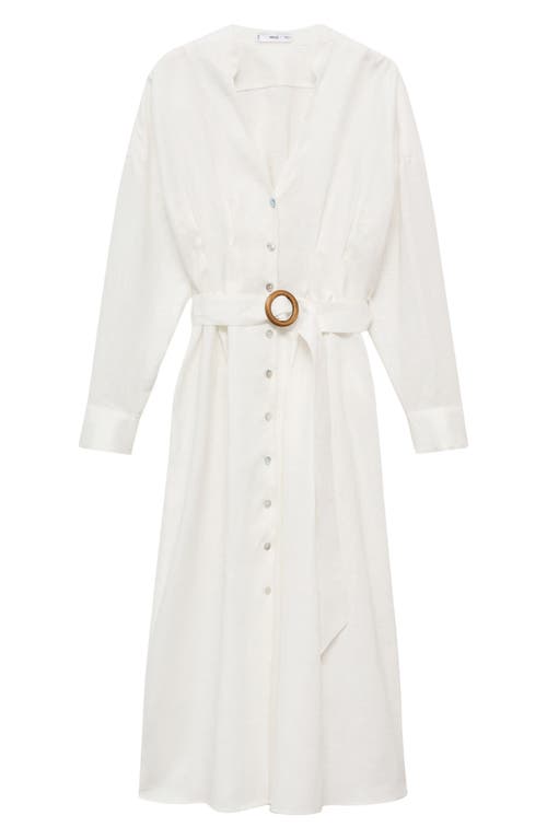 Mango Belted Long Sleeve Linen Shirtdress In White