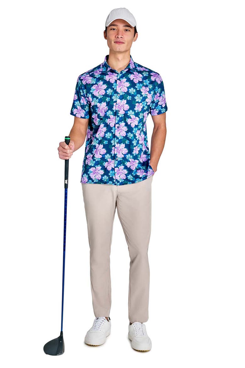 Regular Fit Layered Hibiscus Recycled Performance Golf Button-Down Shirt, Alternate, color, NAVY/PURPLE