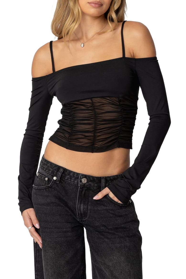 Susie Cold Shoulder Mesh Crop Top, Main, color, BLACK