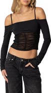 EDIKTED Susie Cold Shoulder Mesh Crop Top