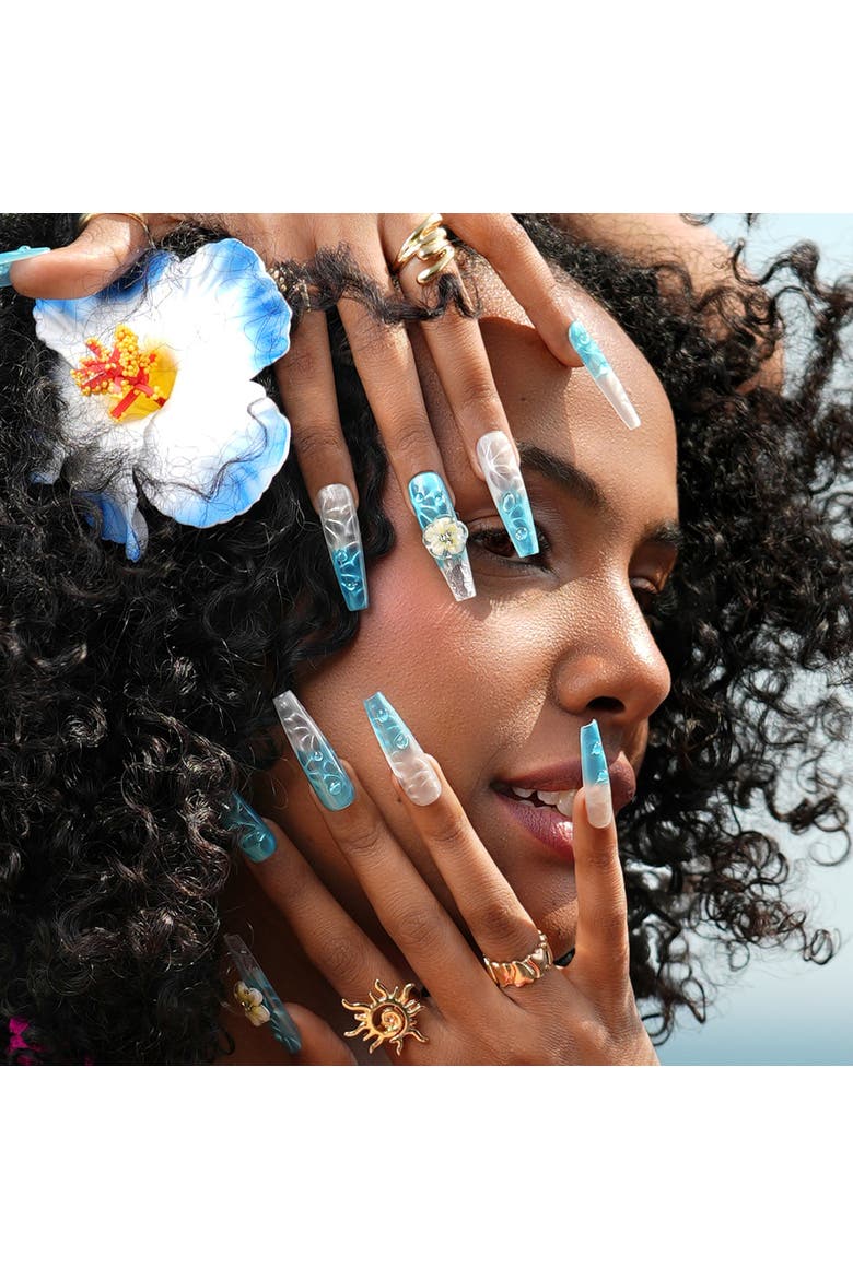 Paradise Flower Luxury Handmade Press On Nails, Alternate, color, Cyan