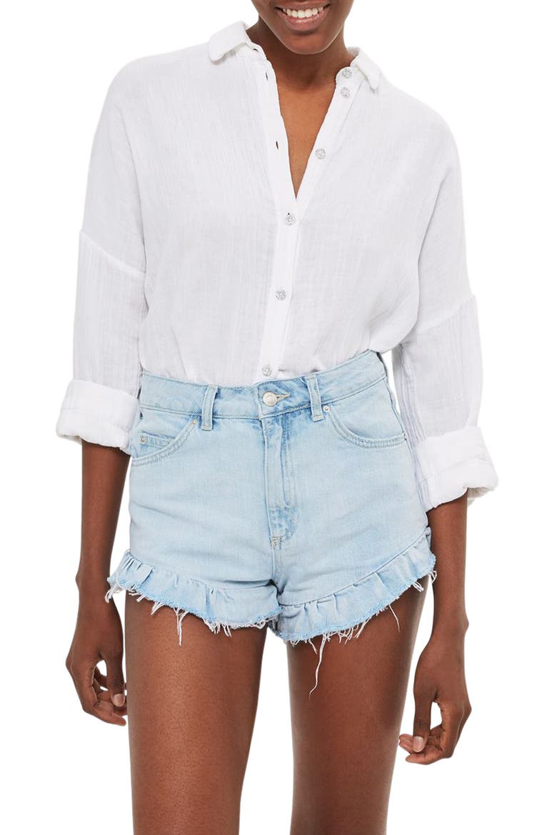 Kiri Ruffle Hem Denim Shorts, Main, color, LIGHT DENIM