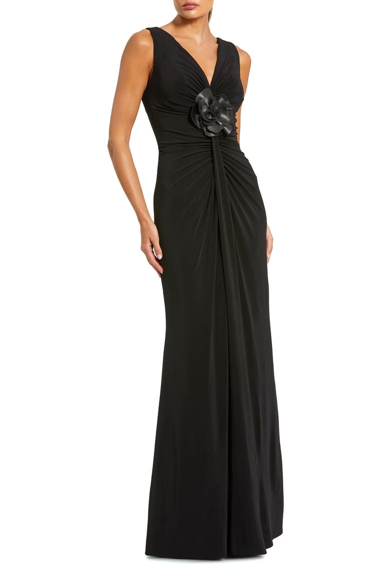 Sleeveless Jersey 3D Flower Detail Gown, Main, color, Black