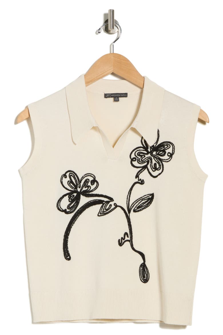Floral Embroidered Sleeveless Crop Polo Sweater, Alternate, color, CREAM/ BLACK