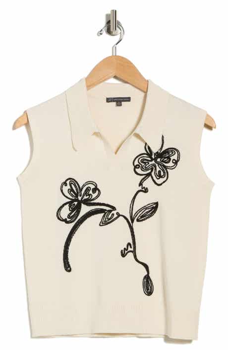 Adrianna Papell Floral Embroidered Sleeveless Crop Polo Sweater