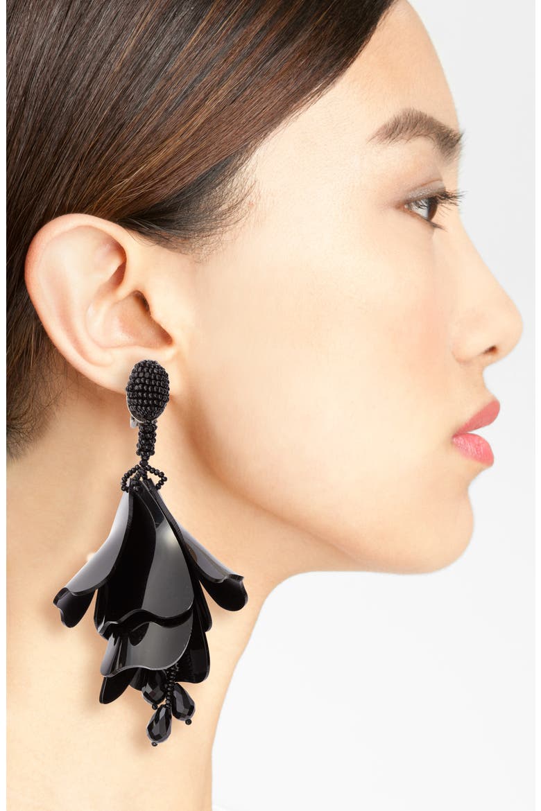 Large Impatiens Flower Clip Earrings, Alternate, color, BLACK