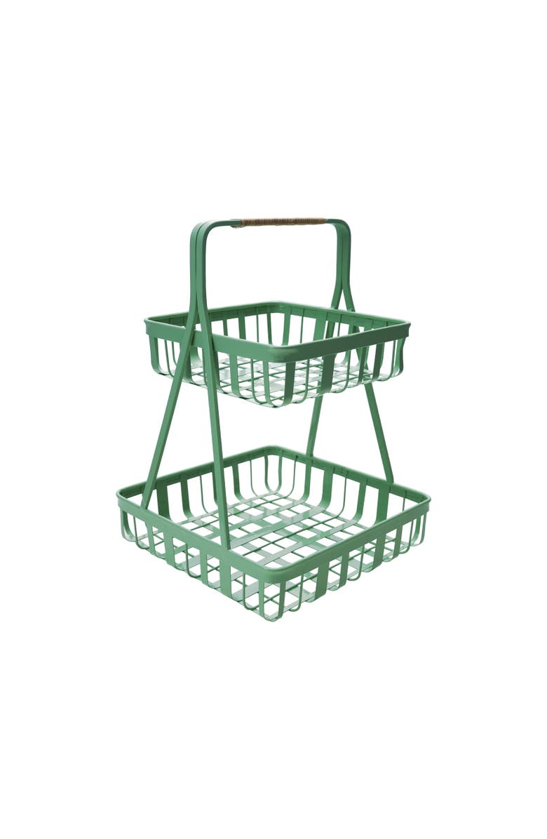 Storied Home Decorative Metal 2-Tier Tray with Rattan Wrapped Handle, Mint, Main, color, Green