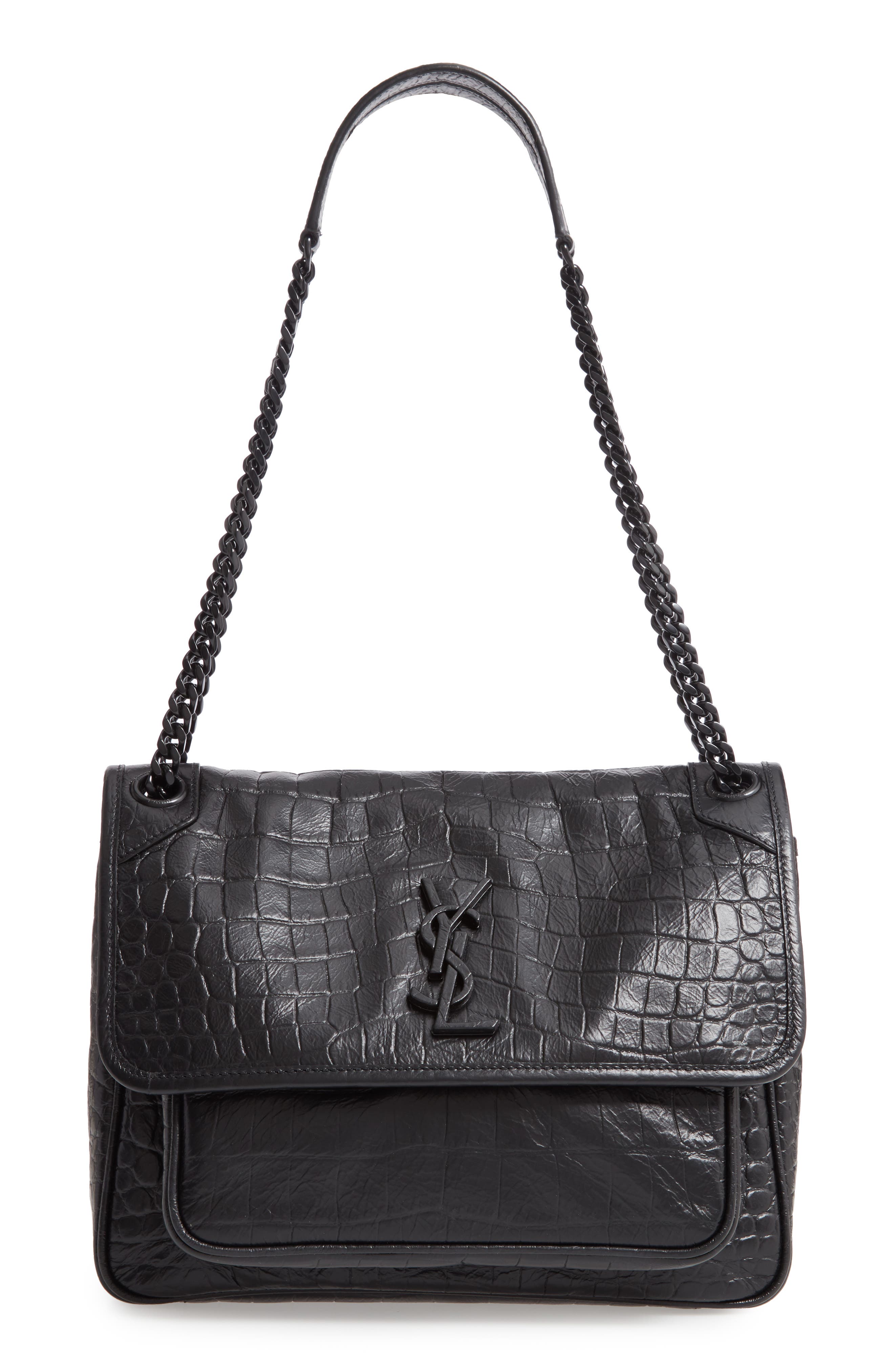Saint Laurent Medium Niki Croc-Embossed Leather Shoulder Bag, Main, color, 